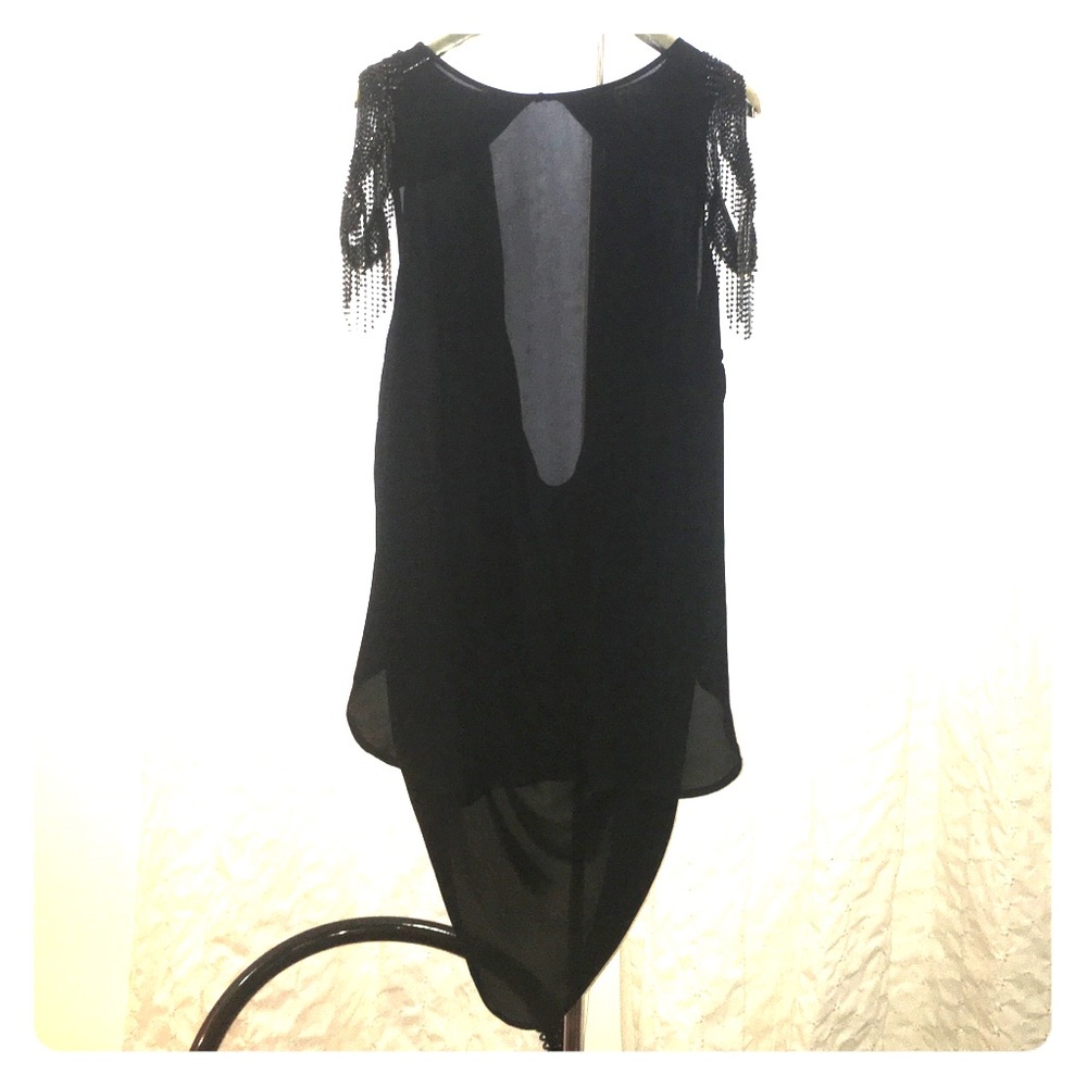 Haute Hippie Black Sheer Fringe Cap-Sleeve Blouse